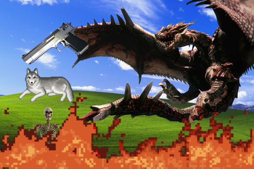 Photoshopped image of the windows xp default background with a wolf, a skeleton, and a rathalos with a gun overlaid with fire on the bottom