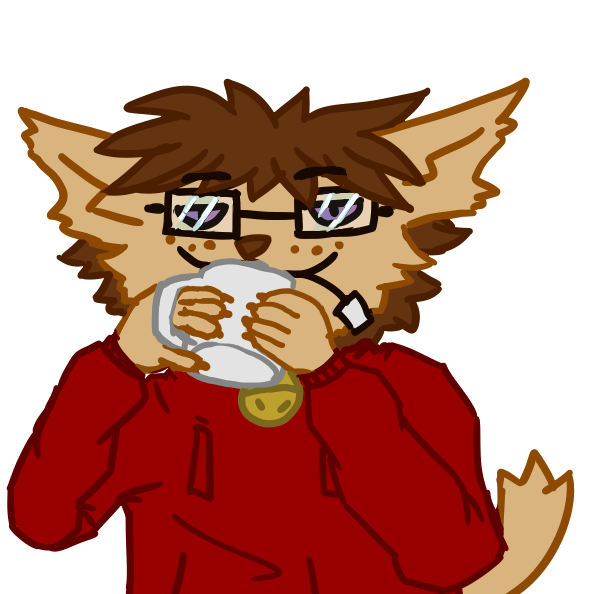 Bust image of a anthropormorphic cat with brown fur and short darker brown hair, he looks scruffy and wears glasses, a bell collar, and a red sweatshirt.