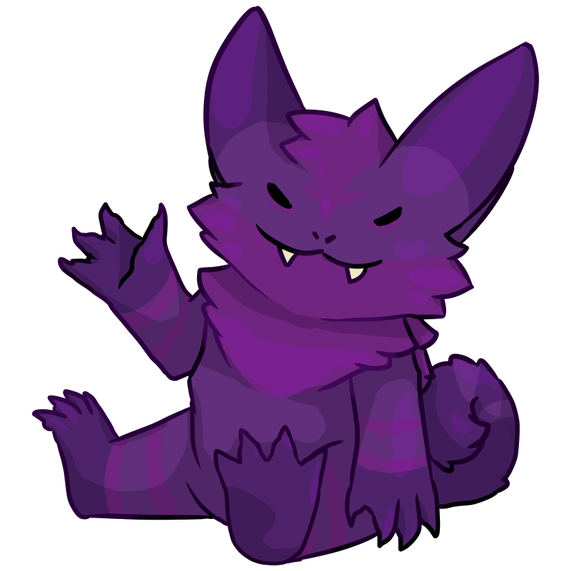 transparent image of a chunky anthropomorphic purple cat waving at the viewer