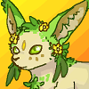 Headshot image of a cream colored feline with long green ears, flowers growing on fae, two tufts of green fur that looks like pigtails, and a gold gem on faer forehead.