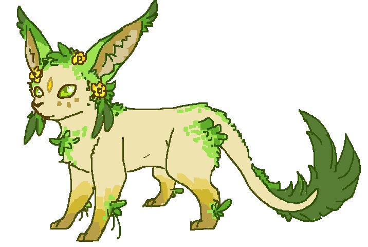 Image of a leafeon-espeon pokemon hybrid. The animal is more leafeon than espeon, and has yellow flowers growing on faer head