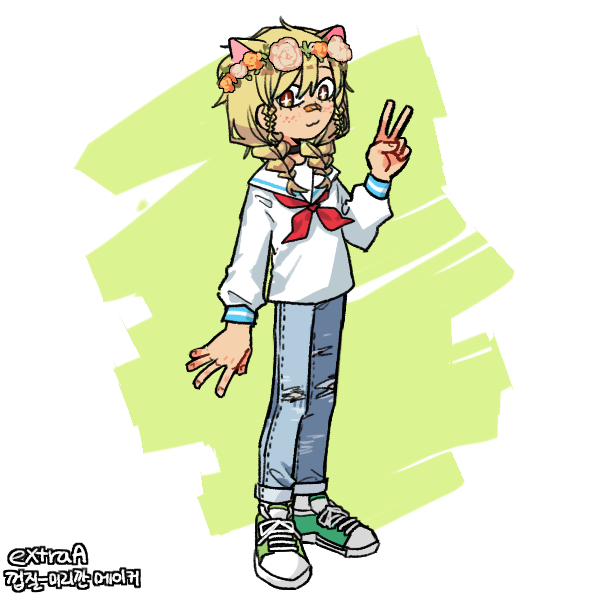 Image of feminine humanoid in anime style with dirty blonde shoulder length hair and braids, fae is making a peace sign and has cat ears