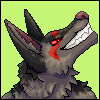 Pixel headshot image of a grinning canine with sharp teeth and dark fur. She has red markings on her face and red eyes.