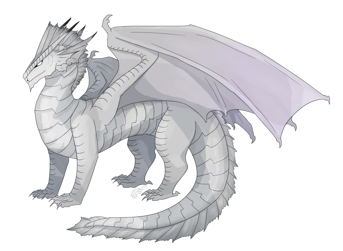 Image of a western-style quadrupedal scaled dragon with silver scales, long and swept back straight horns, and a prominent crest and head frills. Its bat-like wing webbing attaches all the way down to the base of the tail.