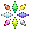 Pixel art of several diamond-shaped crystals of different colors in a ring that resembles a flower