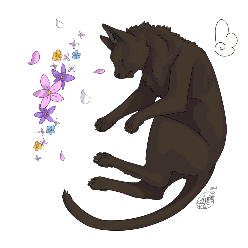 Transparent image of a black cat and some flowers